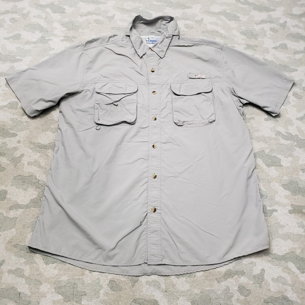 Worldwide Sportsman Shirt Mens XL Gray Pockets Short Sleeve Button-Up Fishing